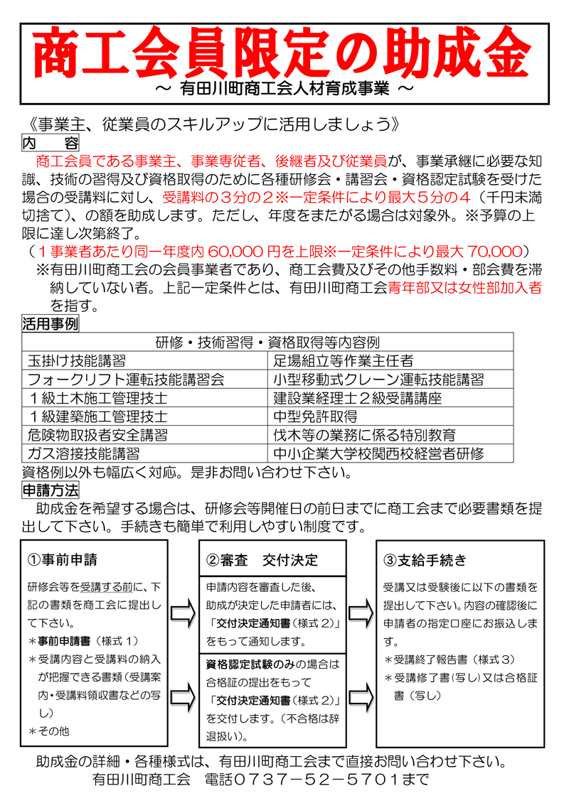 有田川町商工会員限定の助成金について